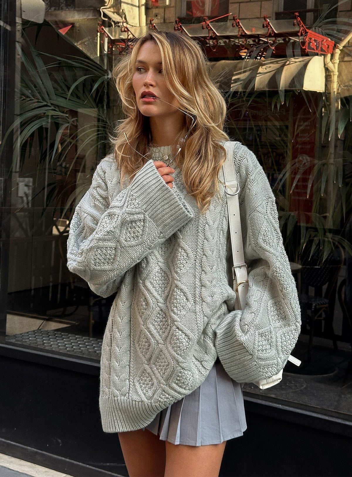 side view of model wearing Princess Polly Gigi Knit Sweater Cloud Longline Jumpers Jumpers 