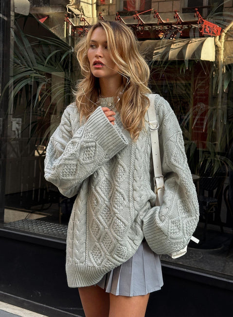 side view of model wearing Princess Polly Gigi Knit Sweater Cloud Longline Jumpers Jumpers 