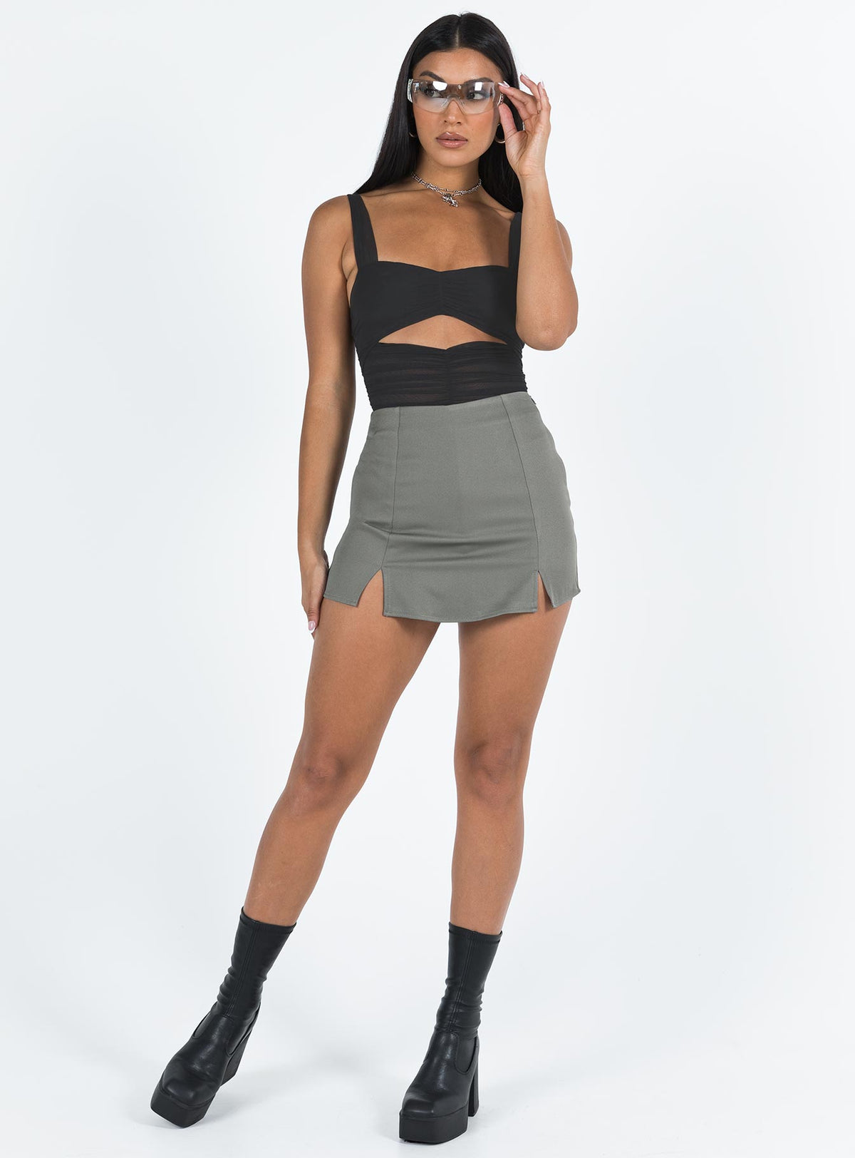 front view of model wearing Princess Polly Kalmia Bodysuit Black Sleeveless Bodysuit 