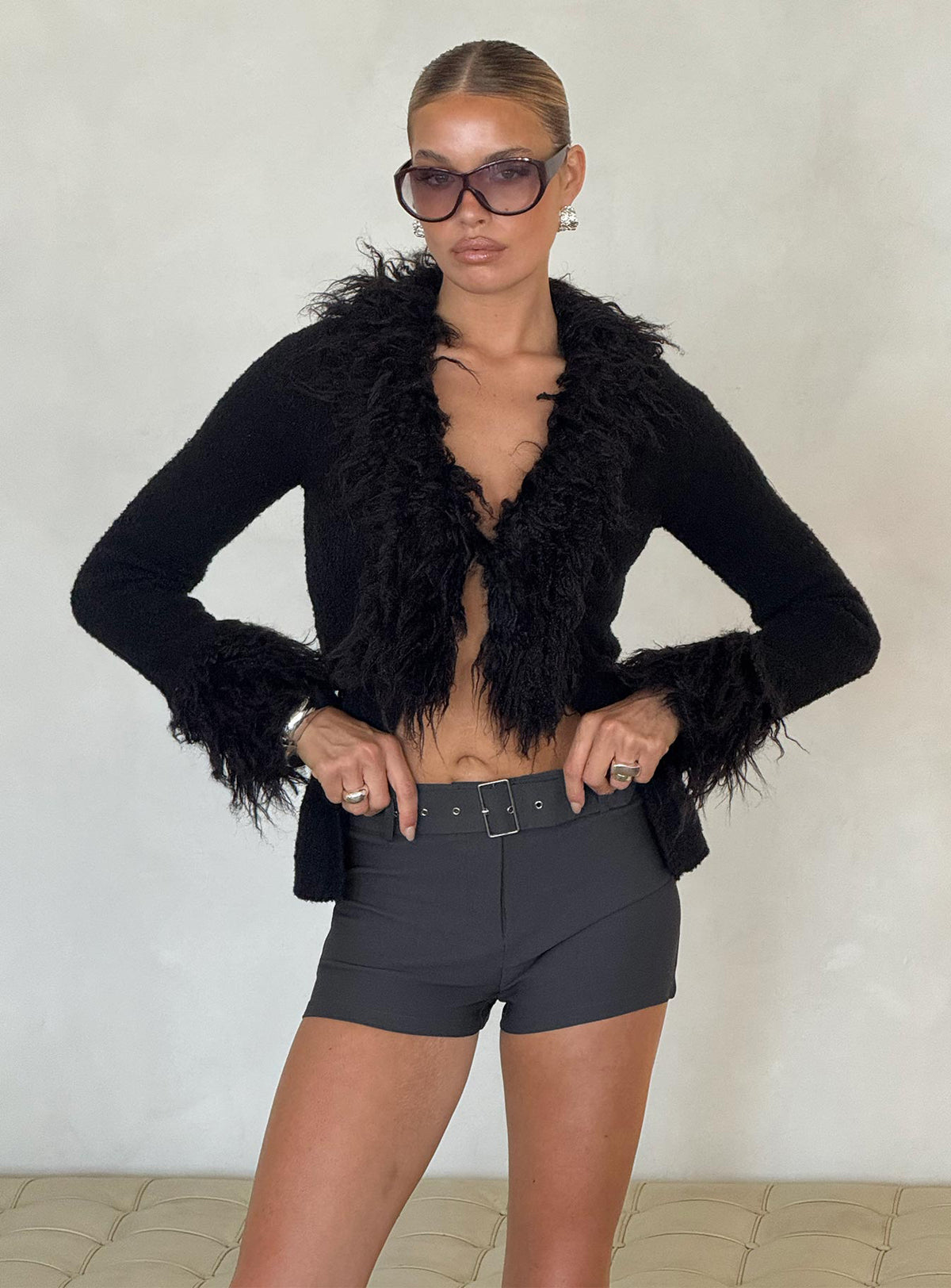 front view of model wearing Princess Polly Sistine Cardigan Black Longline Jumpers Jumpers 