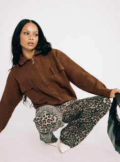 front view of model wearing Princess Polly Top Model Low Rise Straight Leg Jeans Leopard High Rise Jeans Jeans 