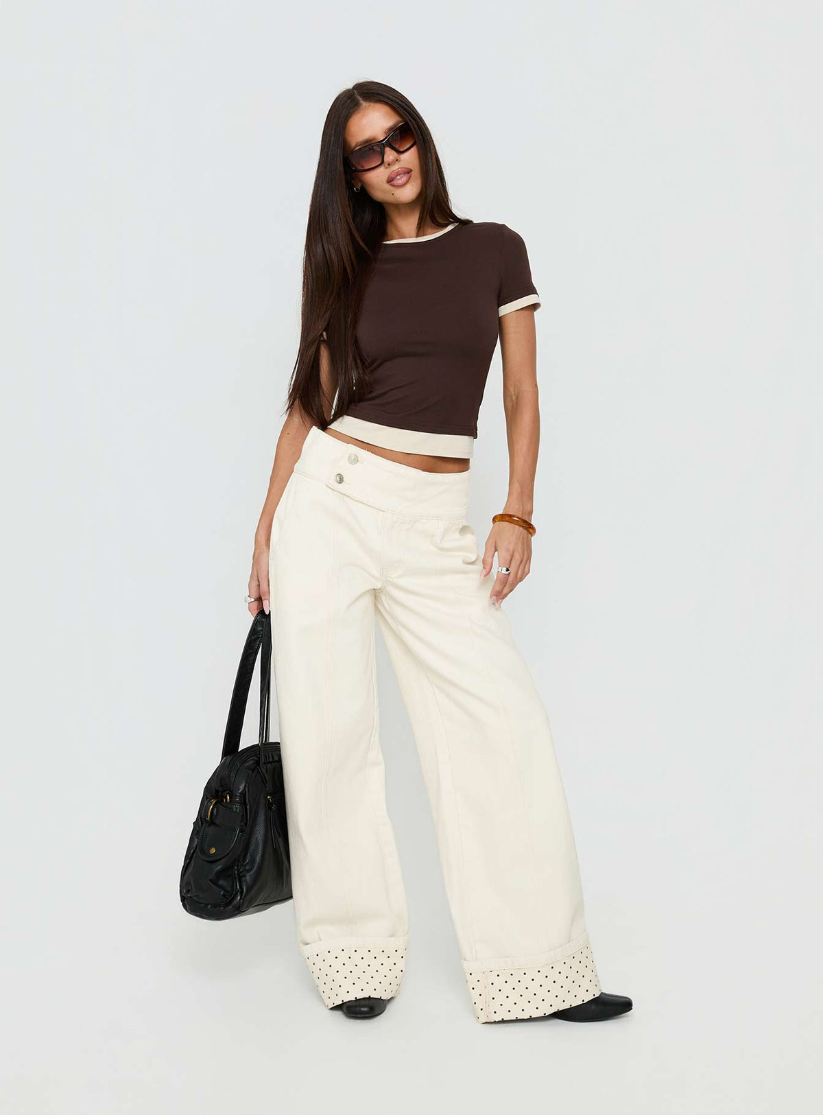 front view of model wearing Princess Polly Nikoletta Foldover Jeans Cream / Polka Mid Rise Jeans Jeans 