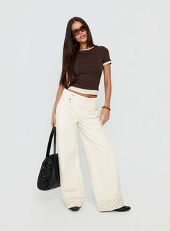 front view of model wearing Princess Polly Nikoletta Foldover Jeans Cream / Polka Mid Rise Jeans Jeans 