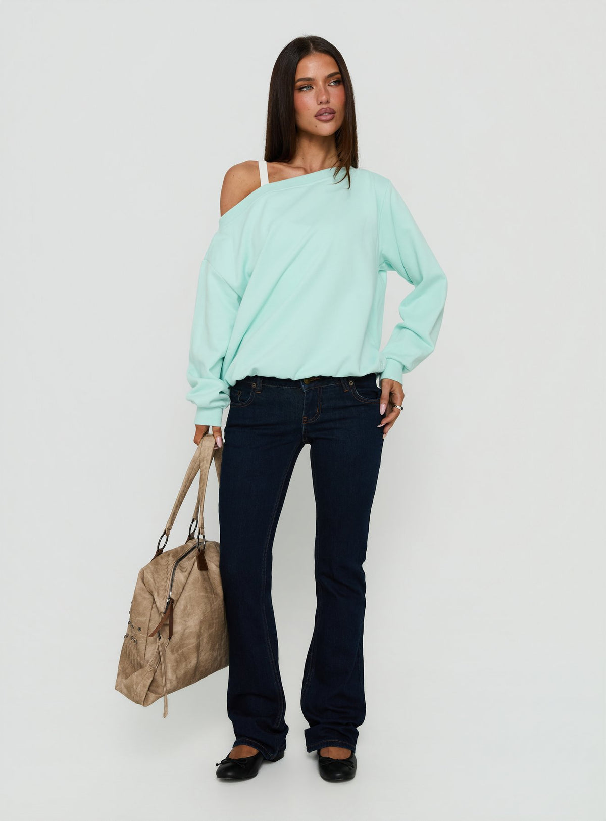 Crafted from pale turquoise Wellness Off The Shoulder Sweatshirt womens-jumpers with oversized fit, boat neckline and short length on-body view of model wearing