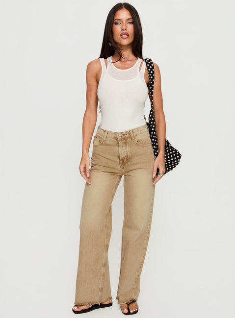 front view of model wearing Princess Polly Fawcett High Rise Straight Leg Jeans Tan High Rise Jeans Jeans 