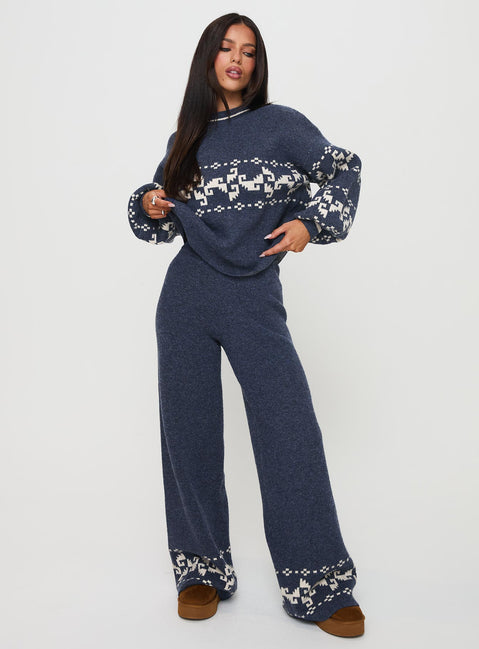 front view of model wearing Princess Polly Alpine Knit Pants Navy / Cream High Rise Pants Pants 