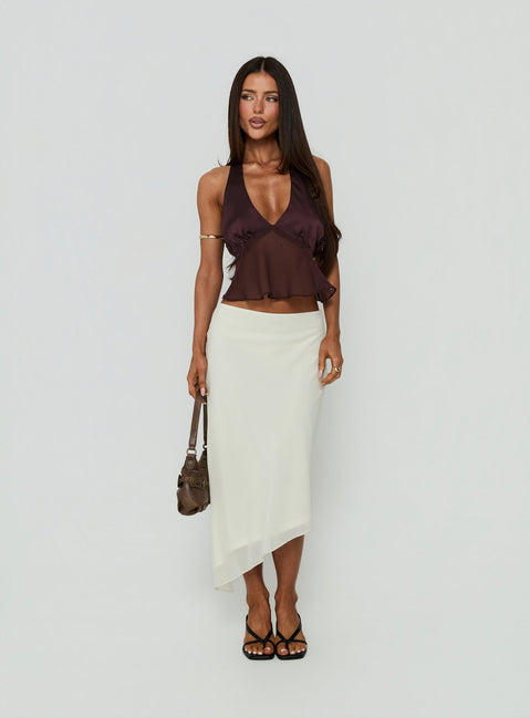 Showcasing the Suella Asymmetrical Midi Skirt Off White in womens-skirts with a midi length front view of model wearing Princess Polly
