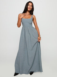 front view of model wearing Princess Polly Cartmel Check Maxi Dress Navy Square Neck 