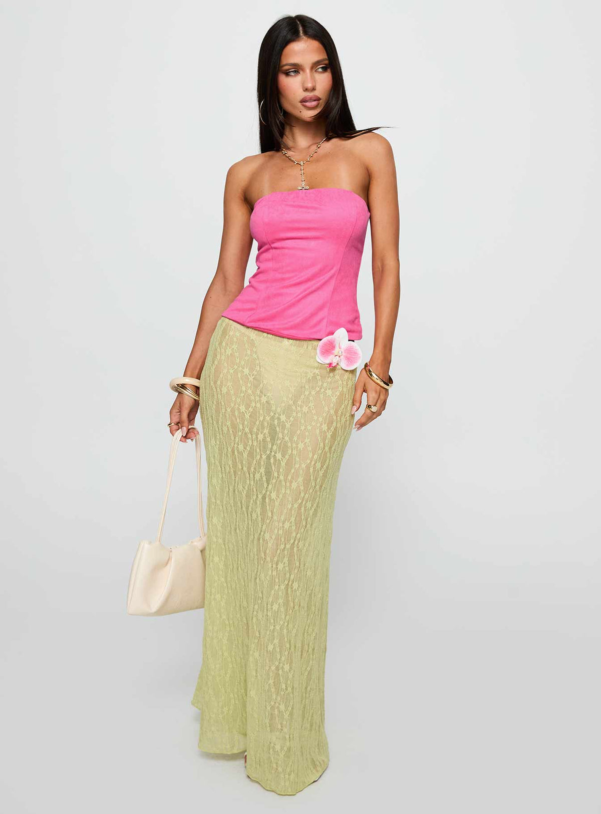 back view of model wearing Princess Polly Plotline Strapless Top Pink Sleeveless straight 