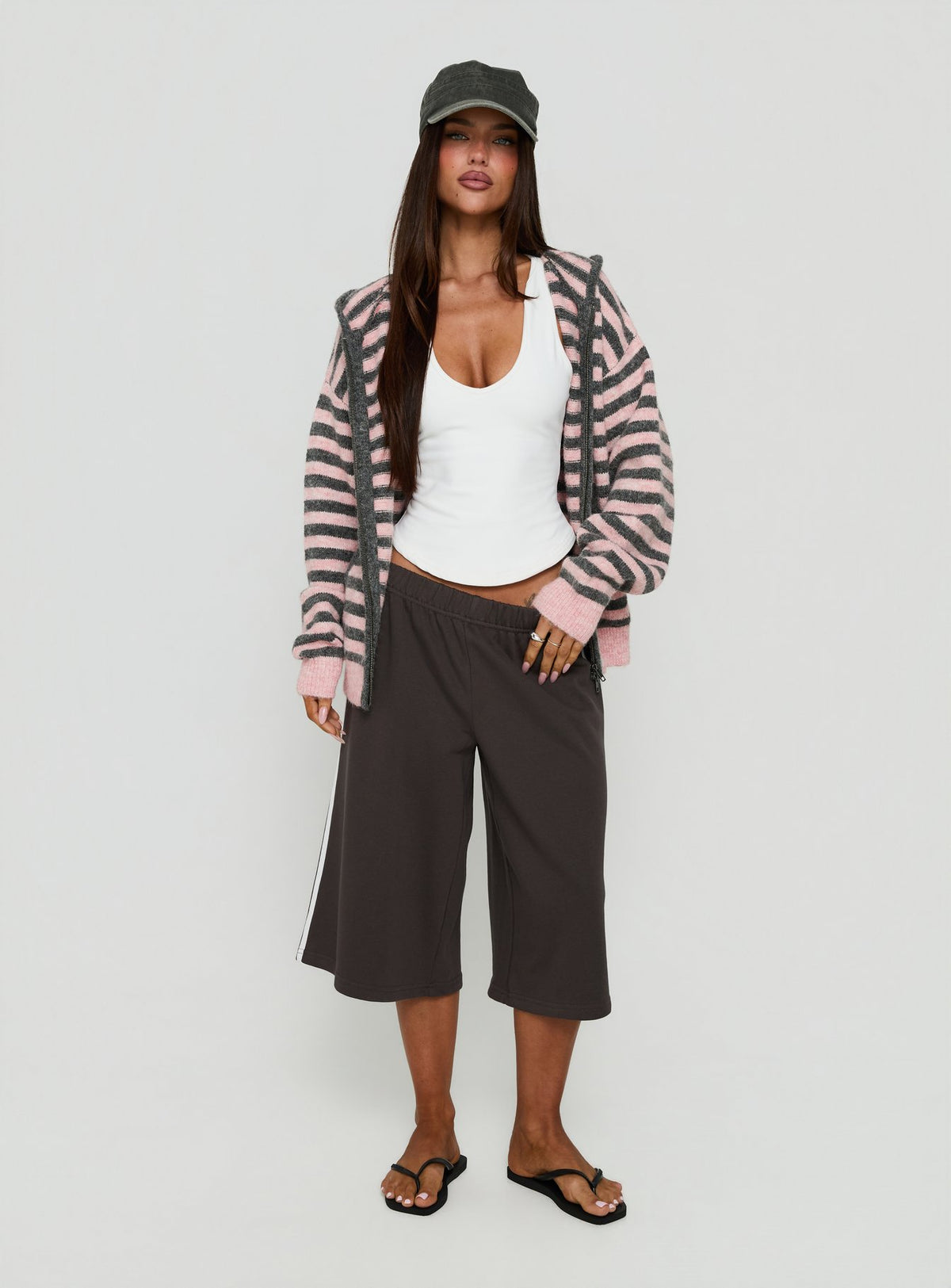 Styled with the Aubry Oversized True Knit Hoodie Pink Stripe womens-jumpers in short length on-body view of model wearing Princess Polly