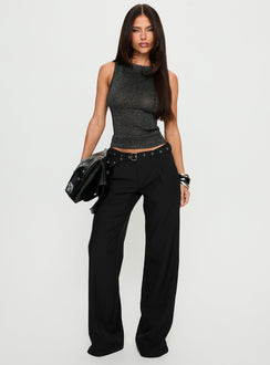 front view of model wearing Princess Polly Deonne Straight Leg Buckle Pants Black Mid Rise Pants Pants 
