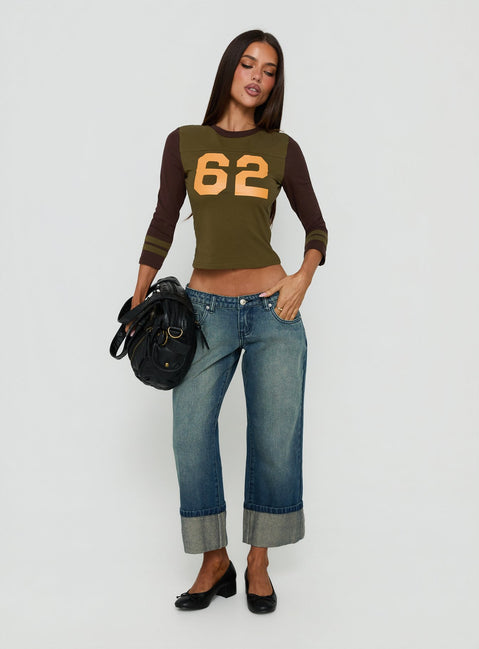62 Varsity Long Sleeve Graphic Top Khaki Multi