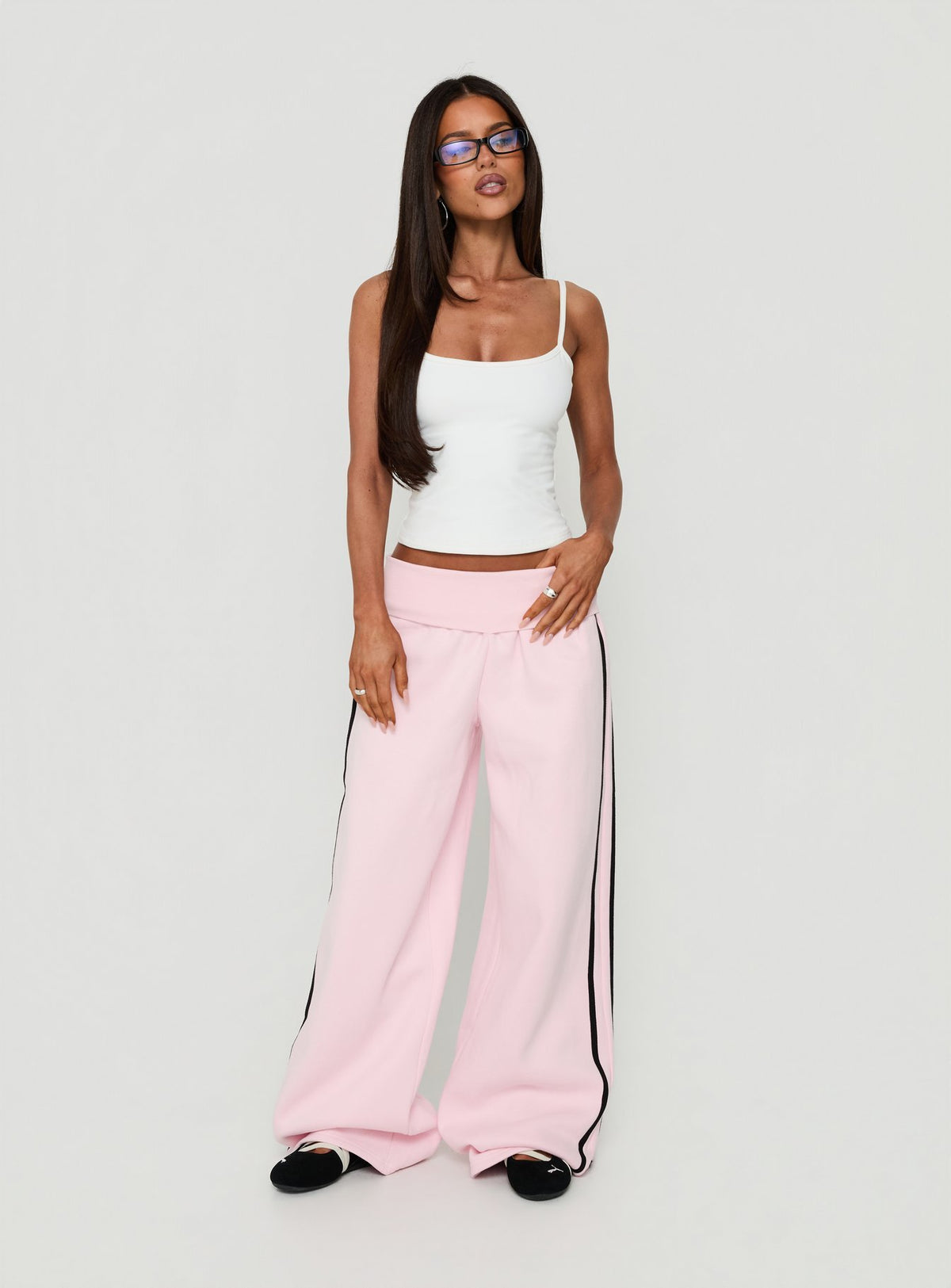 Lockie Foldover Baggy Track Pants Pink / Black womens regular pants with high-rise waist front view of model wearing Princess Polly