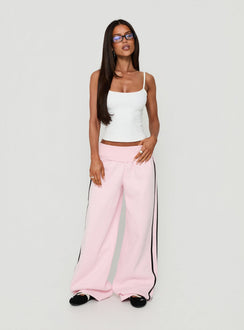 Lockie Foldover Baggy Track Pants Pink / Black womens regular pants with high-rise waist front view of model wearing Princess Polly