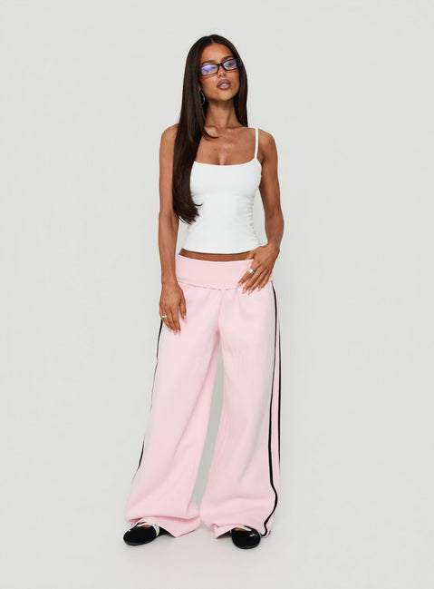 Lockie Foldover Baggy Track Pants Pink / Black womens regular pants with high-rise waist front view of model wearing Princess Polly