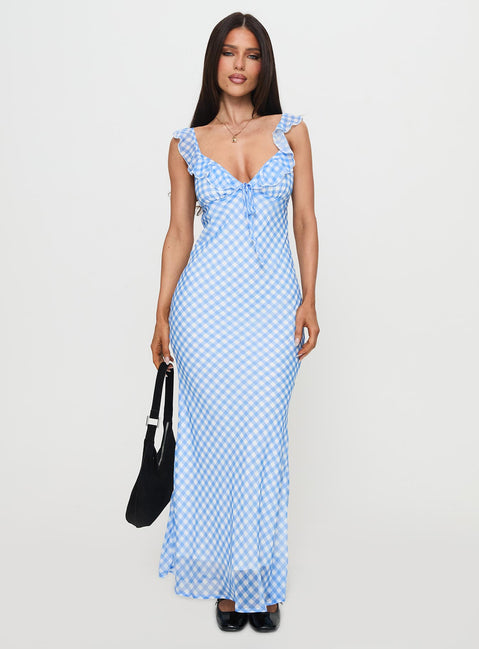 back view of model wearing Princess Polly Brigette Maxi Dress Blue Gingham Plunger 