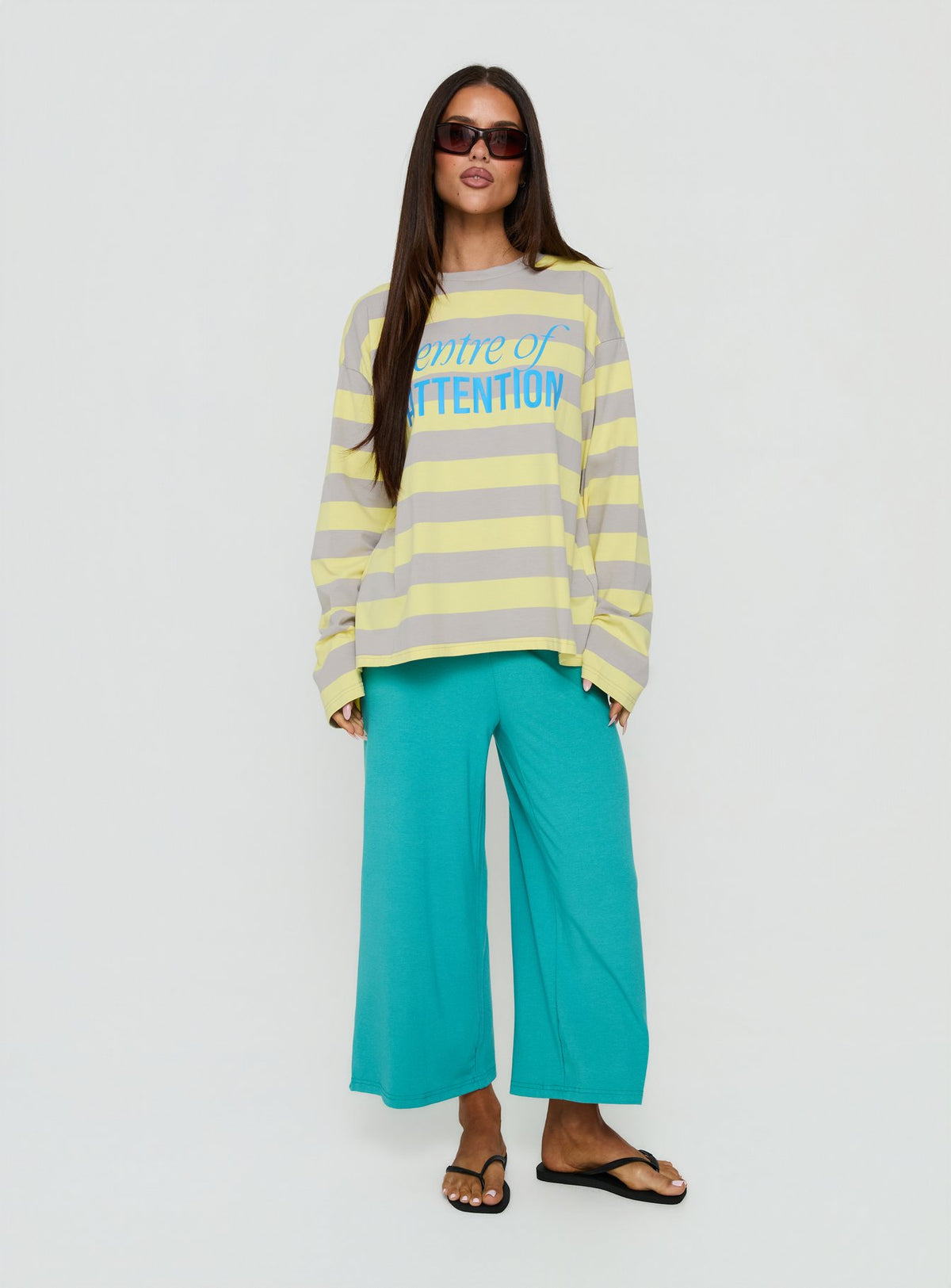 Centre Of Attention Oversized Graphic Long Sleeve Top Yellow / Grey Stripe