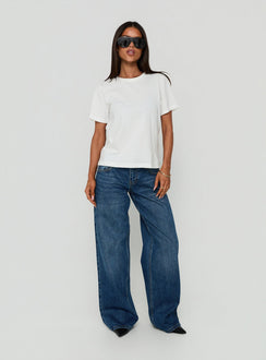 Designed with Ellanor Low Rise Straight Leg Jeans Vintage Dark Blue in womens-jeans featuring low-rise waist side view of model wearing Princess Polly