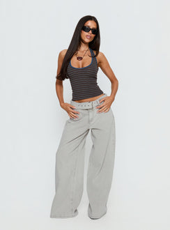 front view of model wearing Princess Polly Katlin Mid Rise Wide Leg Buckle Detail Jeans Grey Wash Mid Rise Jeans Jeans 