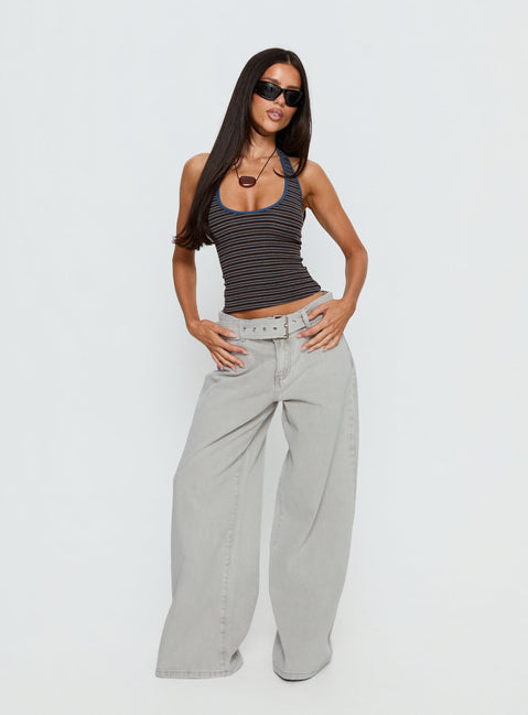 front view of model wearing Princess Polly Katlin Mid Rise Wide Leg Buckle Detail Jeans Grey Wash Mid Rise Jeans Jeans 