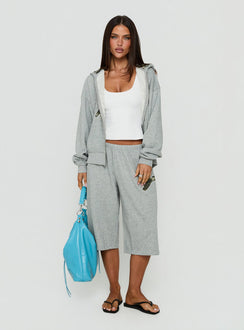 Featuring the Chelzie Zip Through Graphic Hoodie Grey Marle / Camo in womens jumpers with oversized fit, hood details, camo print, and short length on-body Princess Polly