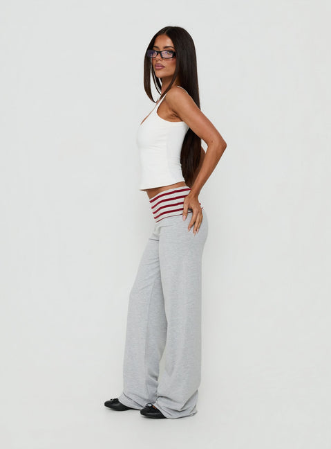 Crafted with Jetset Pants Grey Red Stripe womens regular pants mid-rise striped wide-leg silhouette side view of model wearing Princess Polly