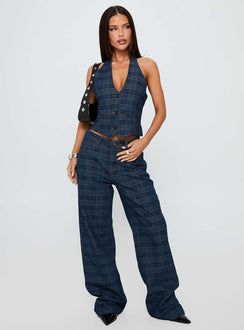 back view of model wearing Princess Polly Top Model Low Rise Straight Leg Jeans Indigo Plaid Mid Rise Jeans Jeans 