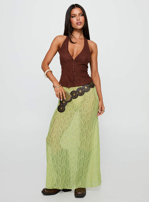 front view of model wearing Princess Polly Movie Stars Faux Suede Halter Top Brown Sleeveless Plunger 