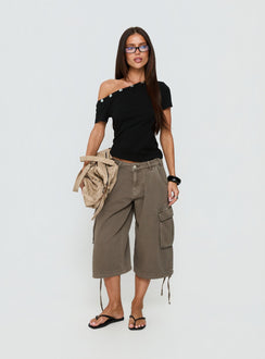 Dalten Off Shoulder Button Detail Top Black