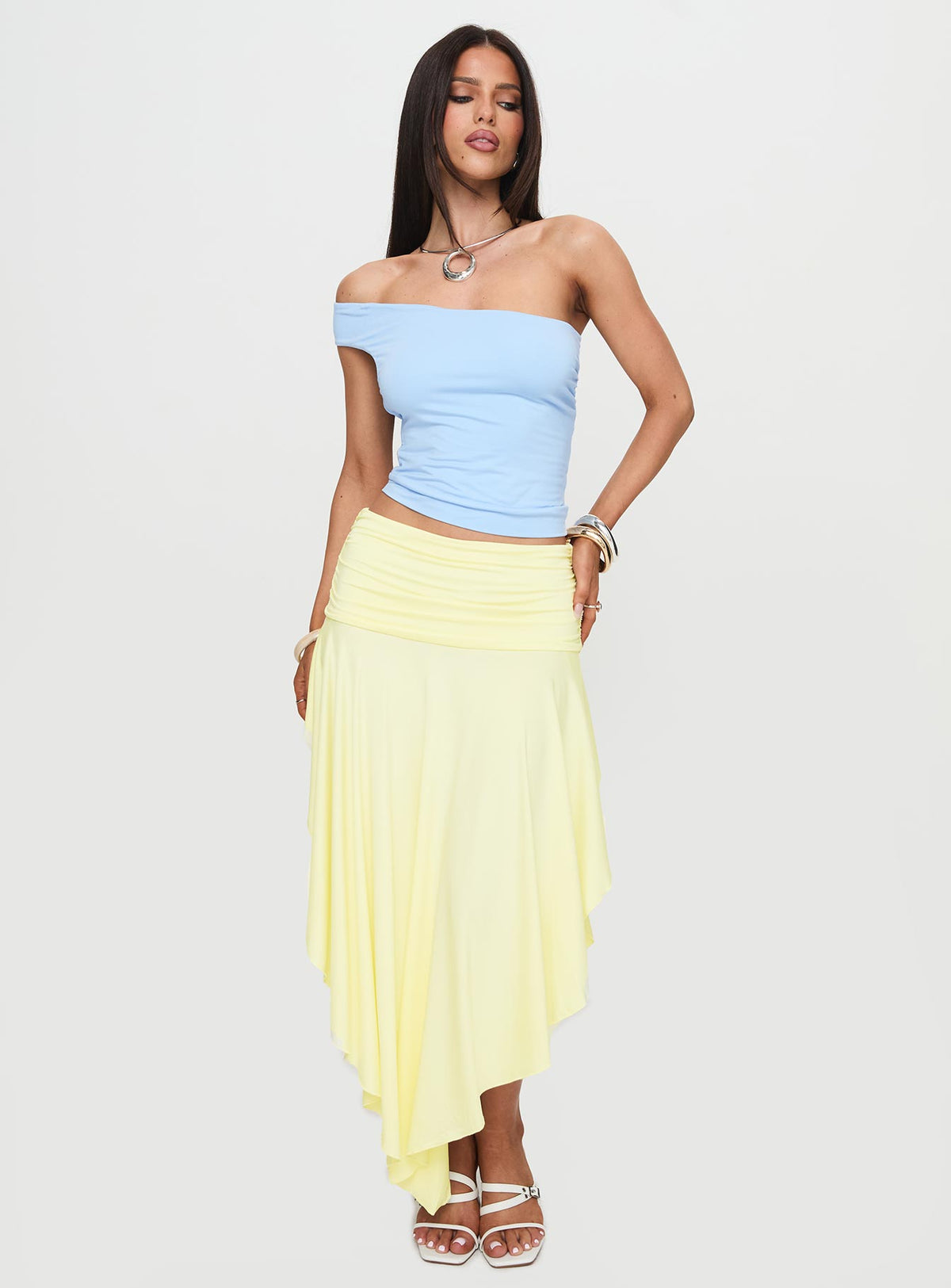   front view of model wearing Princess Polly Symphonia Asymmetrical Midi Skirt Butter Yellow Midi Skirts 
