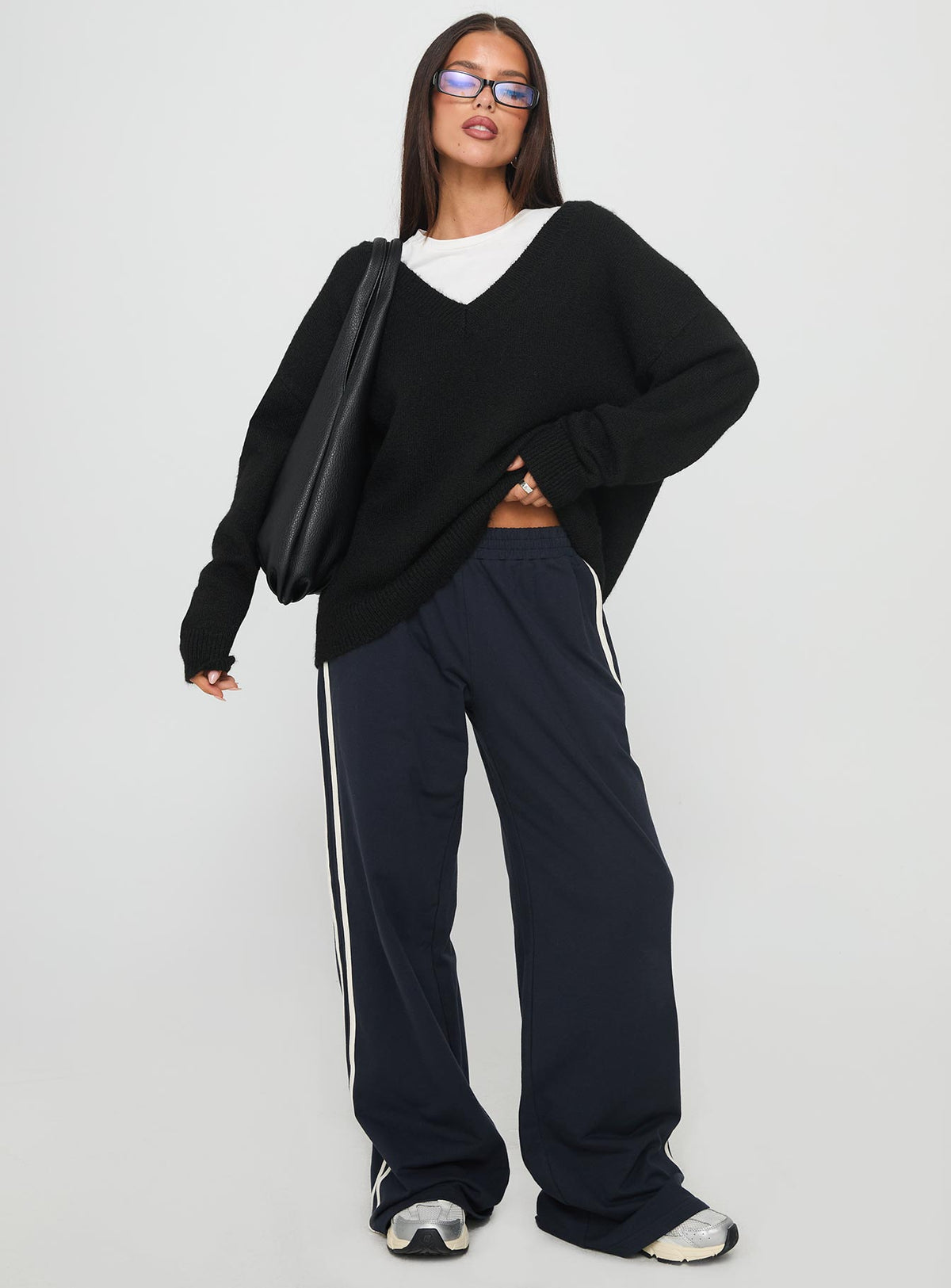 front view of model wearing Princess Polly Stay The Night V Neck Knit Sweater Black Jumpers 