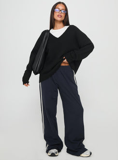 front view of model wearing Princess Polly Stay The Night V Neck Knit Sweater Black Jumpers 