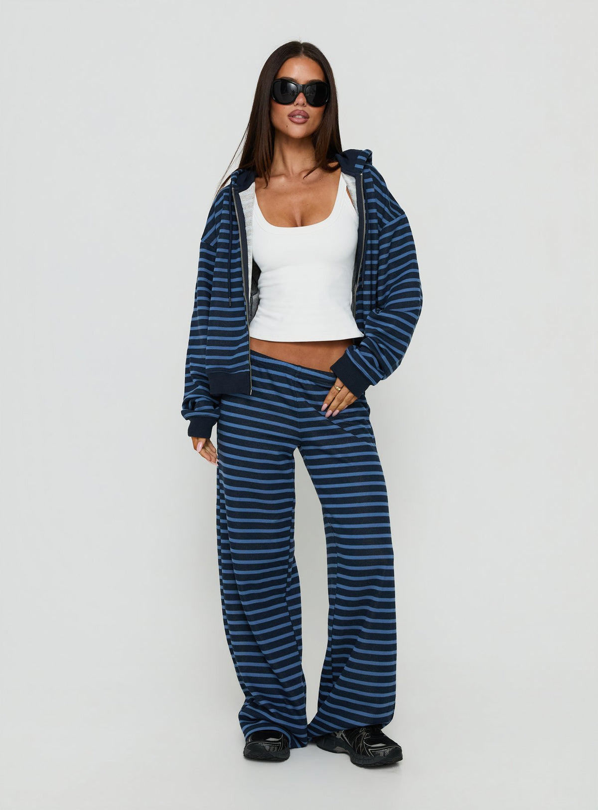 Discover the Delaeni Zip Through Hoodie Blue Stripe womens-jumpers in short length front view of model wearing Princess Polly