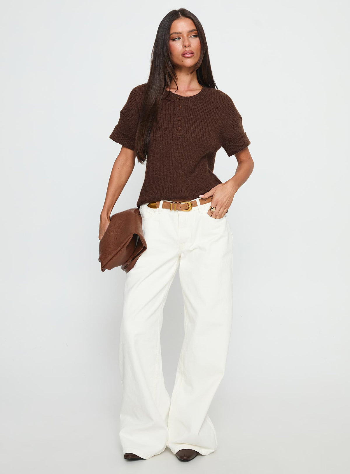 front view of model wearing Princess Polly Ramos Low Rise Wide Leg Jeans White Low Rise Jeans 