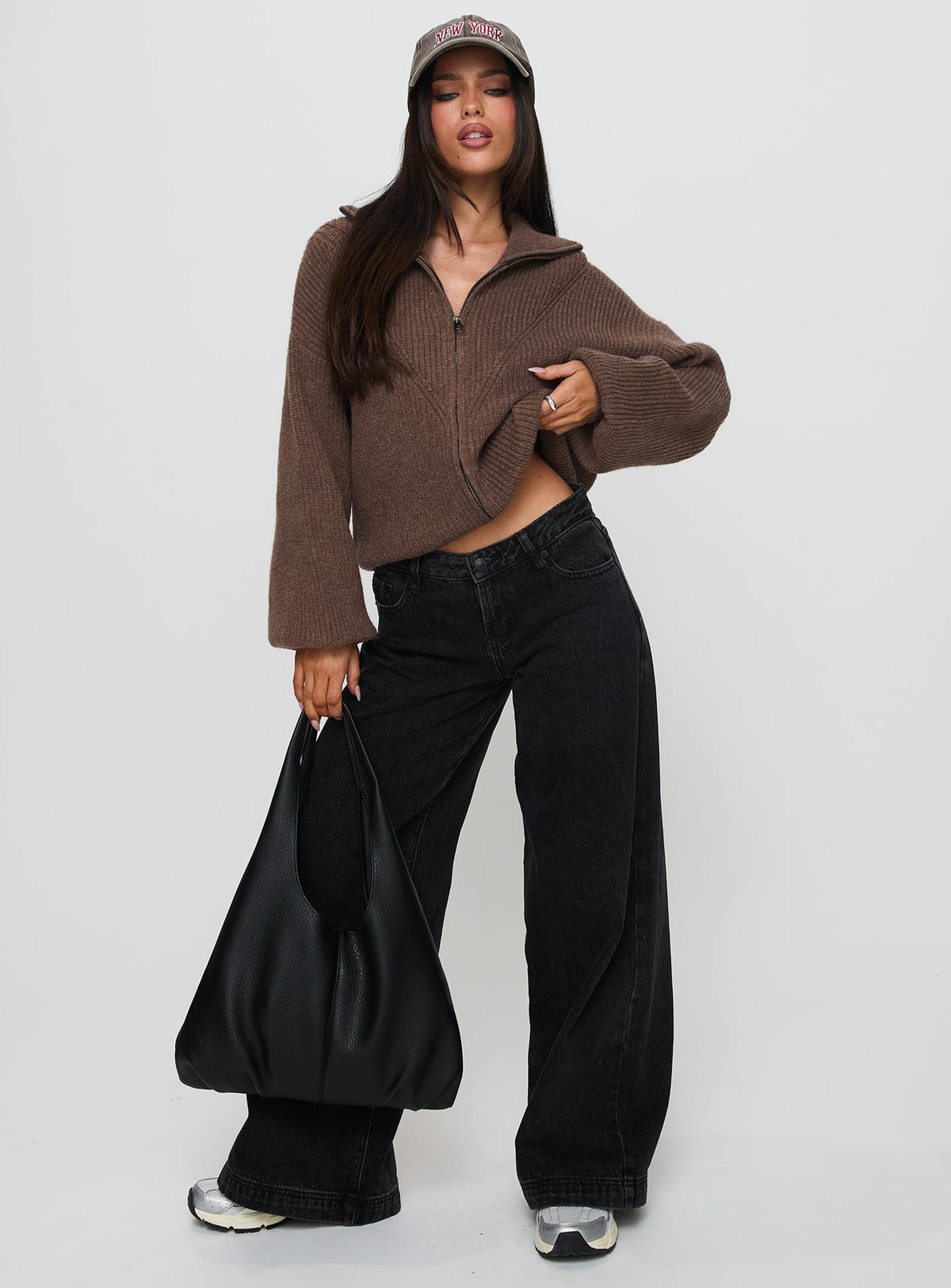 front view of model wearing Princess Polly Hertford Zip Through Knit Sweater Brown Jumpers 