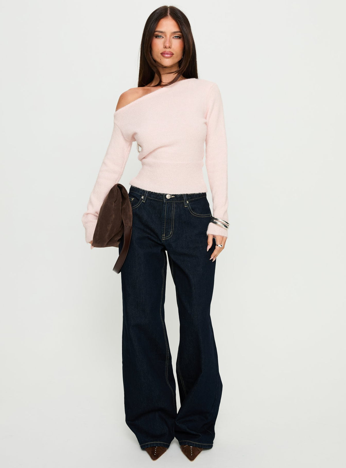 front view of model wearing Princess Polly Serenitia Mid Rise Relaxed Jeans Dark Raw Wash Mid Rise Jeans 