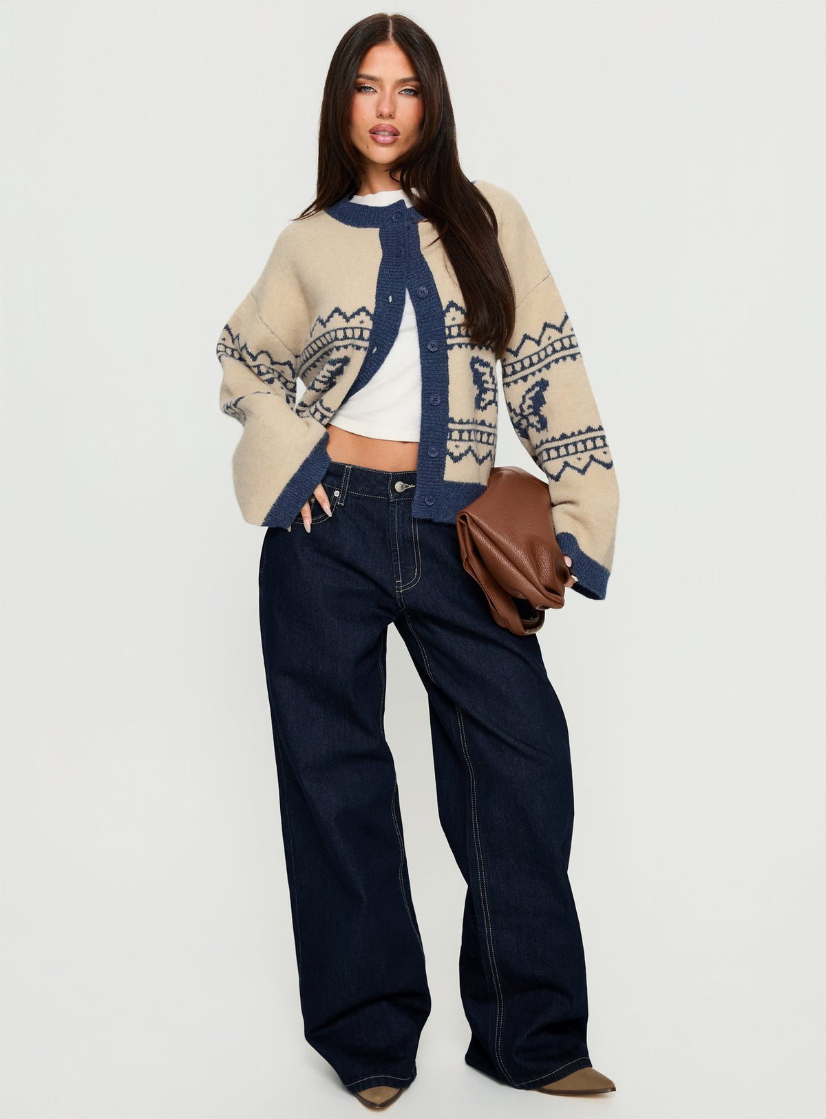 front view of model wearing Princess Polly Wynoni Alpine Knit Cardigan Beige / Navy Longline Jumpers Jumpers 
