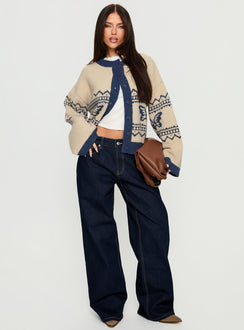 front view of model wearing Princess Polly Wynoni Alpine Knit Cardigan Beige / Navy Longline Jumpers Jumpers 