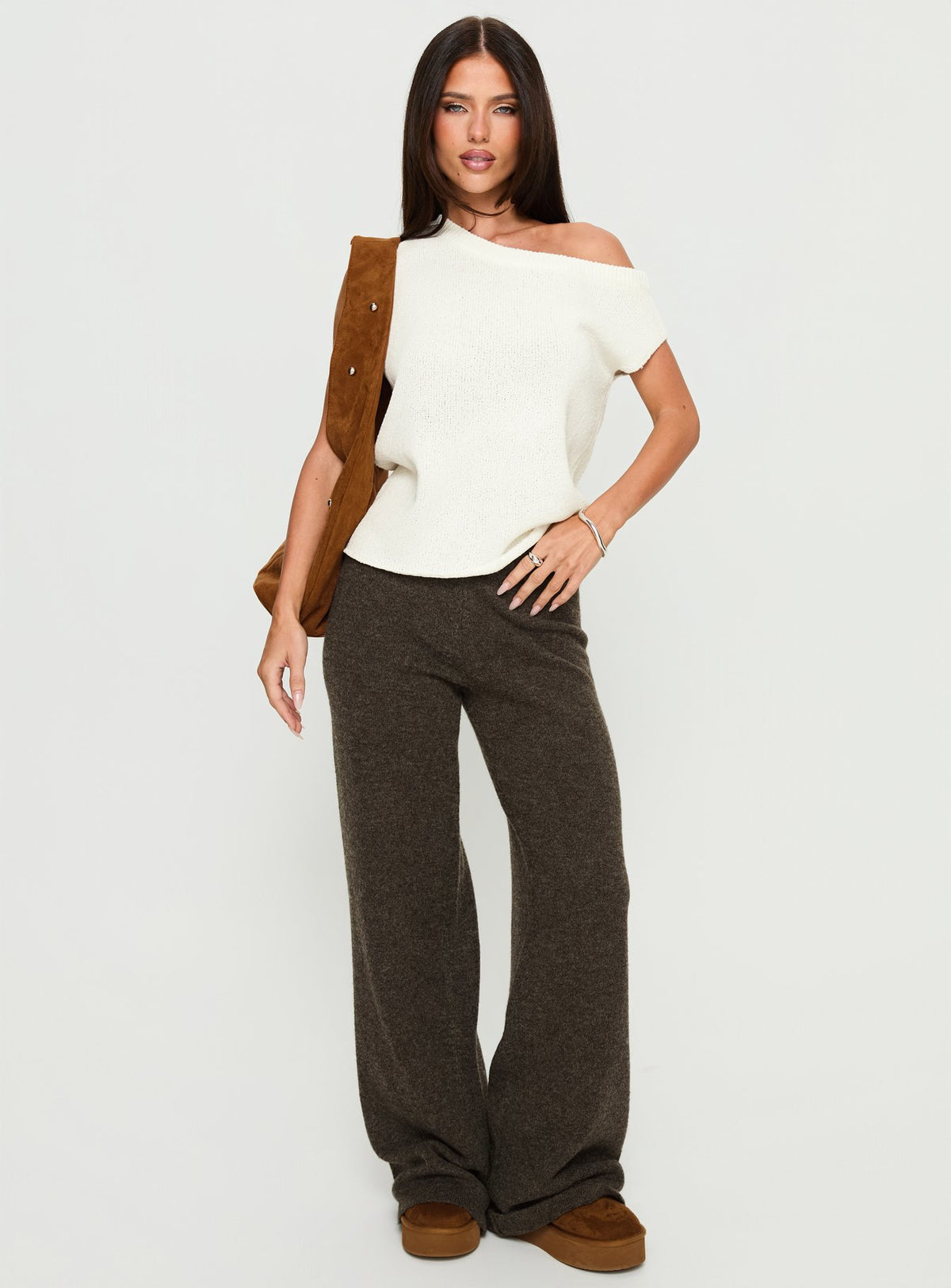 side view of model wearing Princess Polly Karee Knit Pants Brown High Rise Pants Pants 