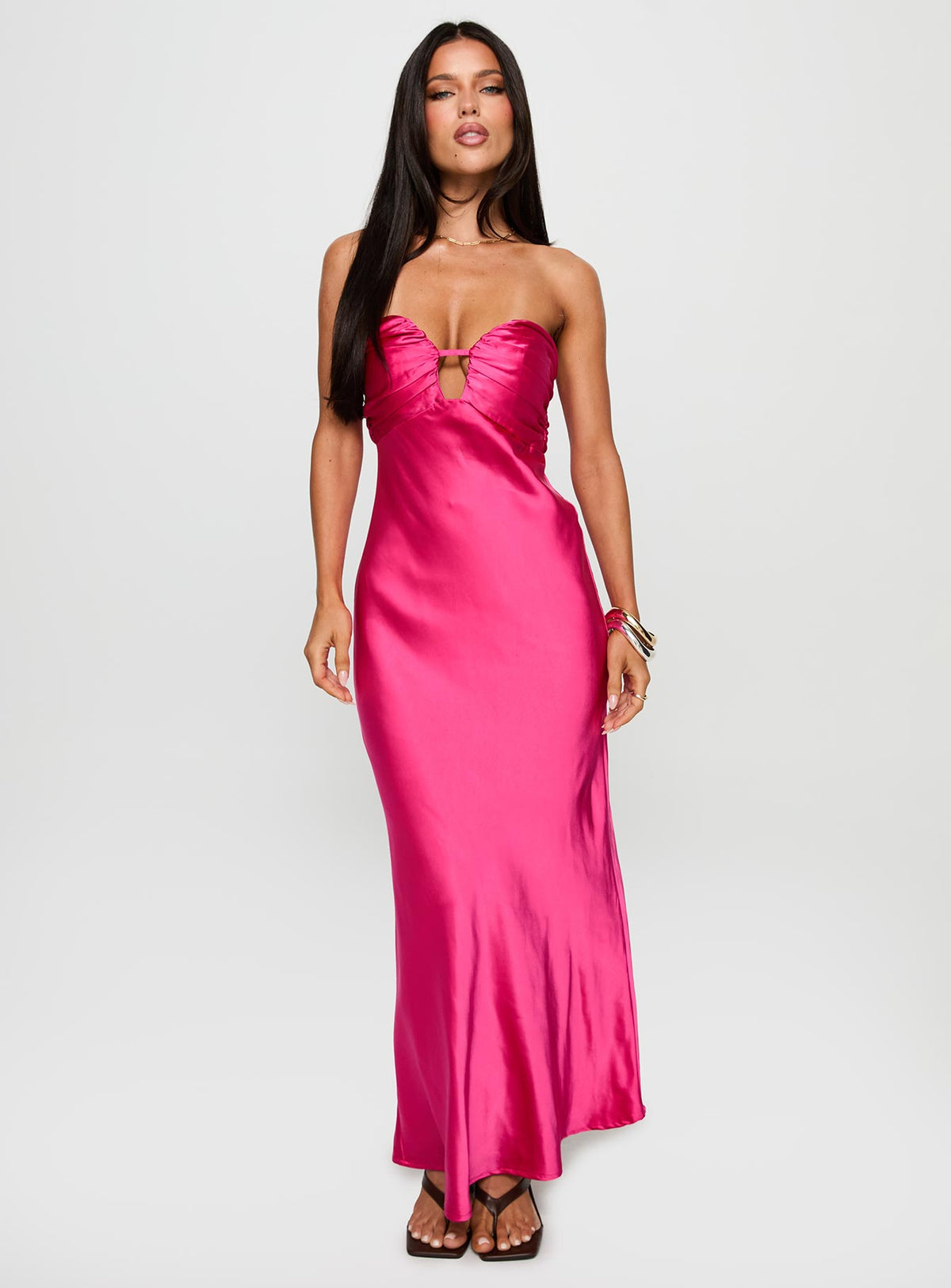 front view of model wearing Princess Polly Cyprian Strapless Maxi Dress Hot Pink Sweetheart Neckline 