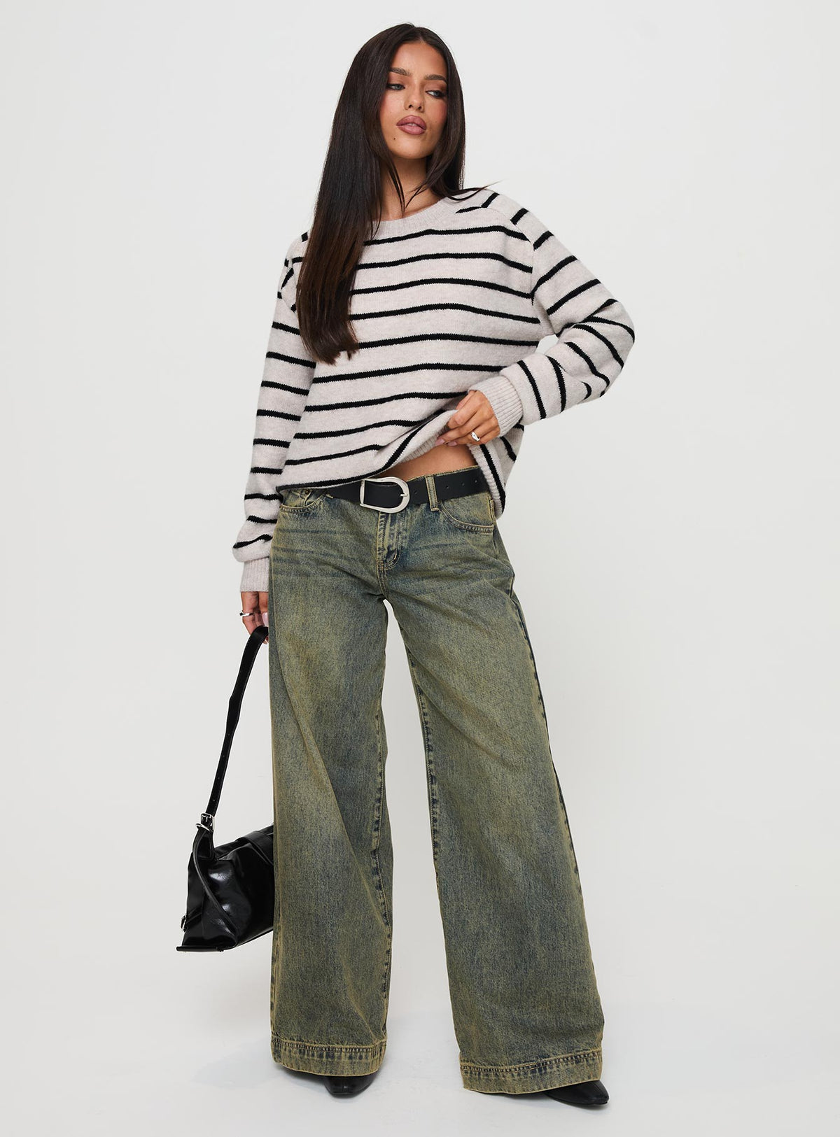 front view of model wearing Princess Polly Souvenirs Knit Sweater Grey Stripe Jumpers 