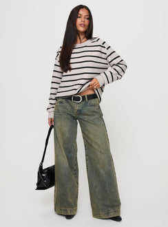 front view of model wearing Princess Polly Souvenirs Knit Sweater Grey Stripe Jumpers 