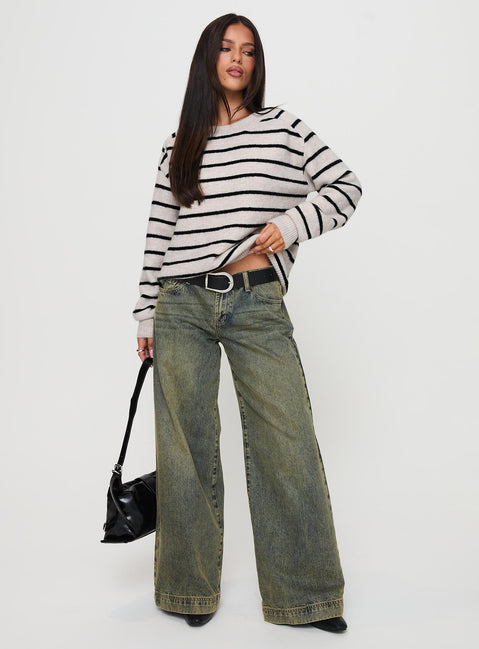 front view of model wearing Princess Polly Souvenirs Knit Sweater Grey Stripe Jumpers 