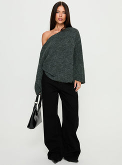 Styled Delyn Off Shoulder Slouchy Knit Sweater in Black Marle, a womens jumper with short length on-body view of model wearing Princess Polly