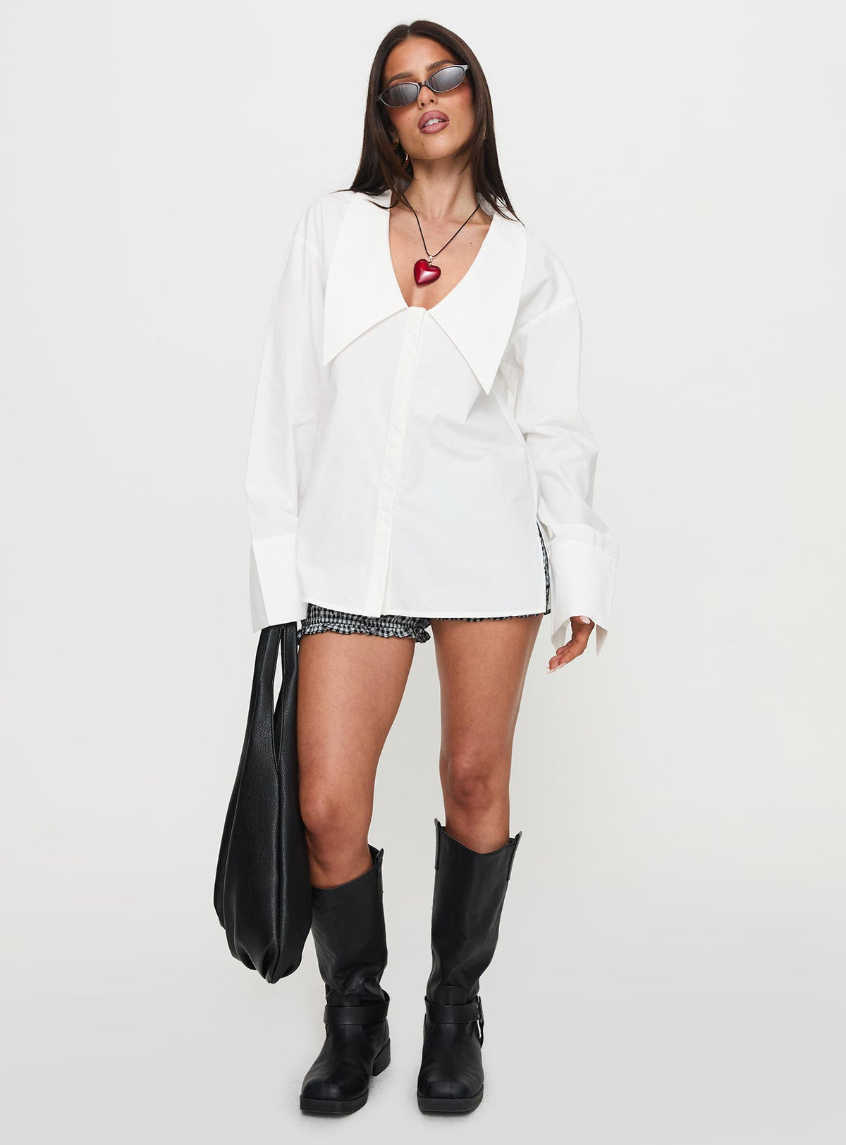 front view of model wearing Princess Polly Calistoga Deep Collar Shirt Ivory Full Sleeves Plunger 