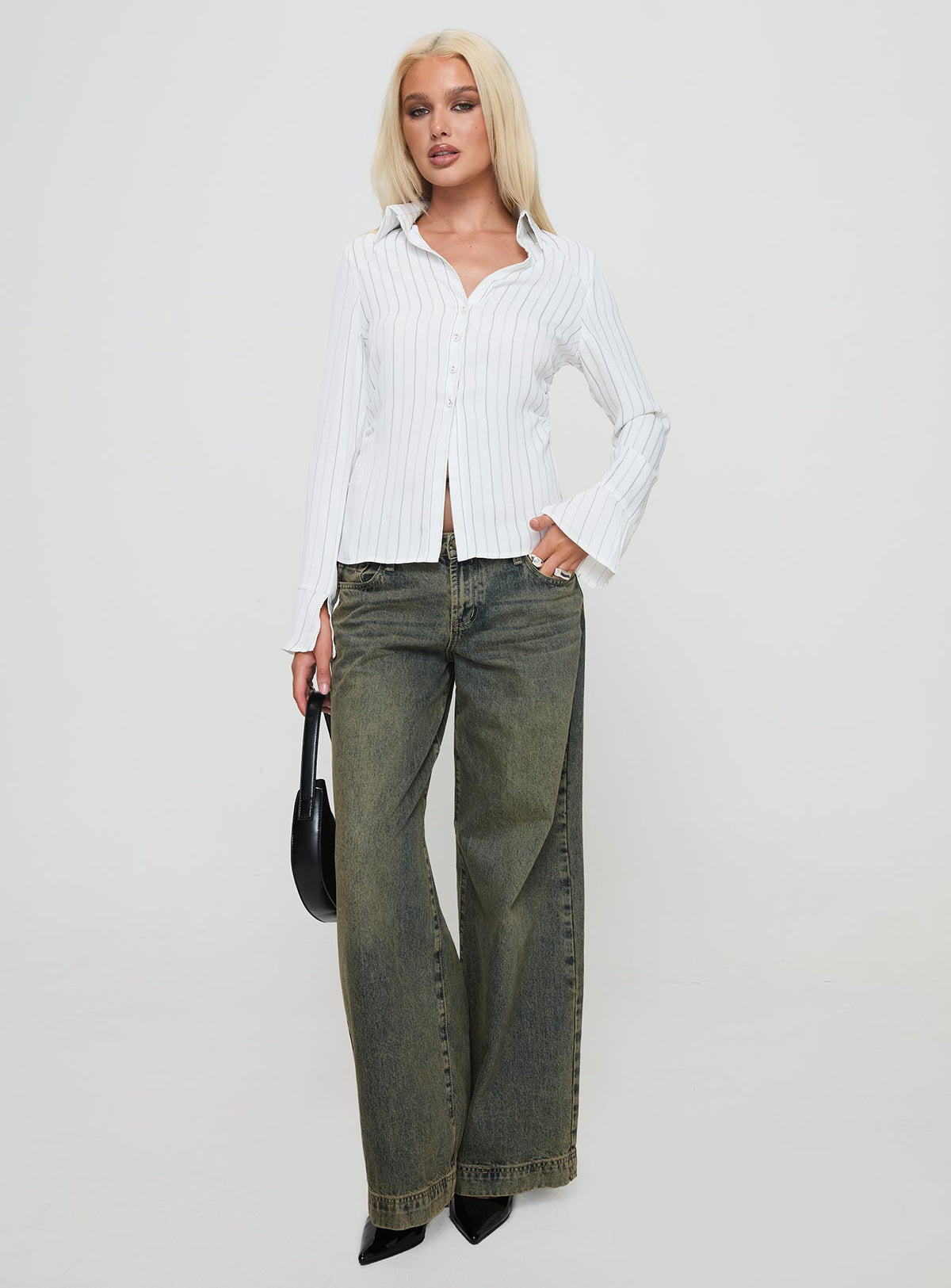 front view of model wearing Princess Polly Aldgate Long Sleeve Top White Full Sleeves V-Neck 