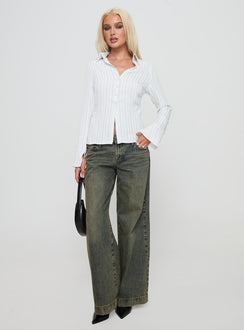 front view of model wearing Princess Polly Aldgate Long Sleeve Top White Full Sleeves V-Neck 