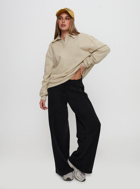 back view of model wearing Princess Polly Back Around Collared Fleece Jumper Oat Longline Jumpers Jumpers 