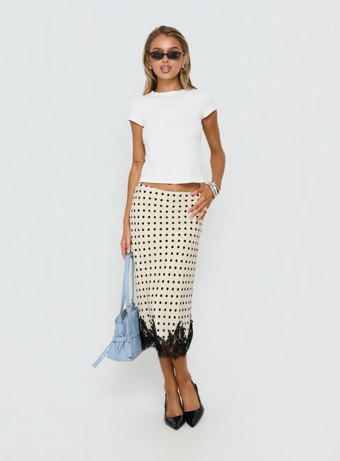   front view of model wearing Princess Polly Downtown Scene Lace Trim Maxi Skirt Cream Polka Midi Skirts Skirts 