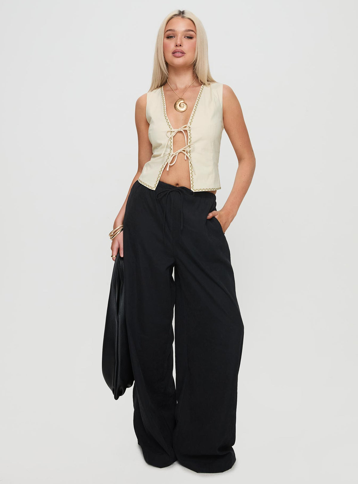 front view of model wearing Princess Polly Barbieri Pants Black High Rise Pants Pants 